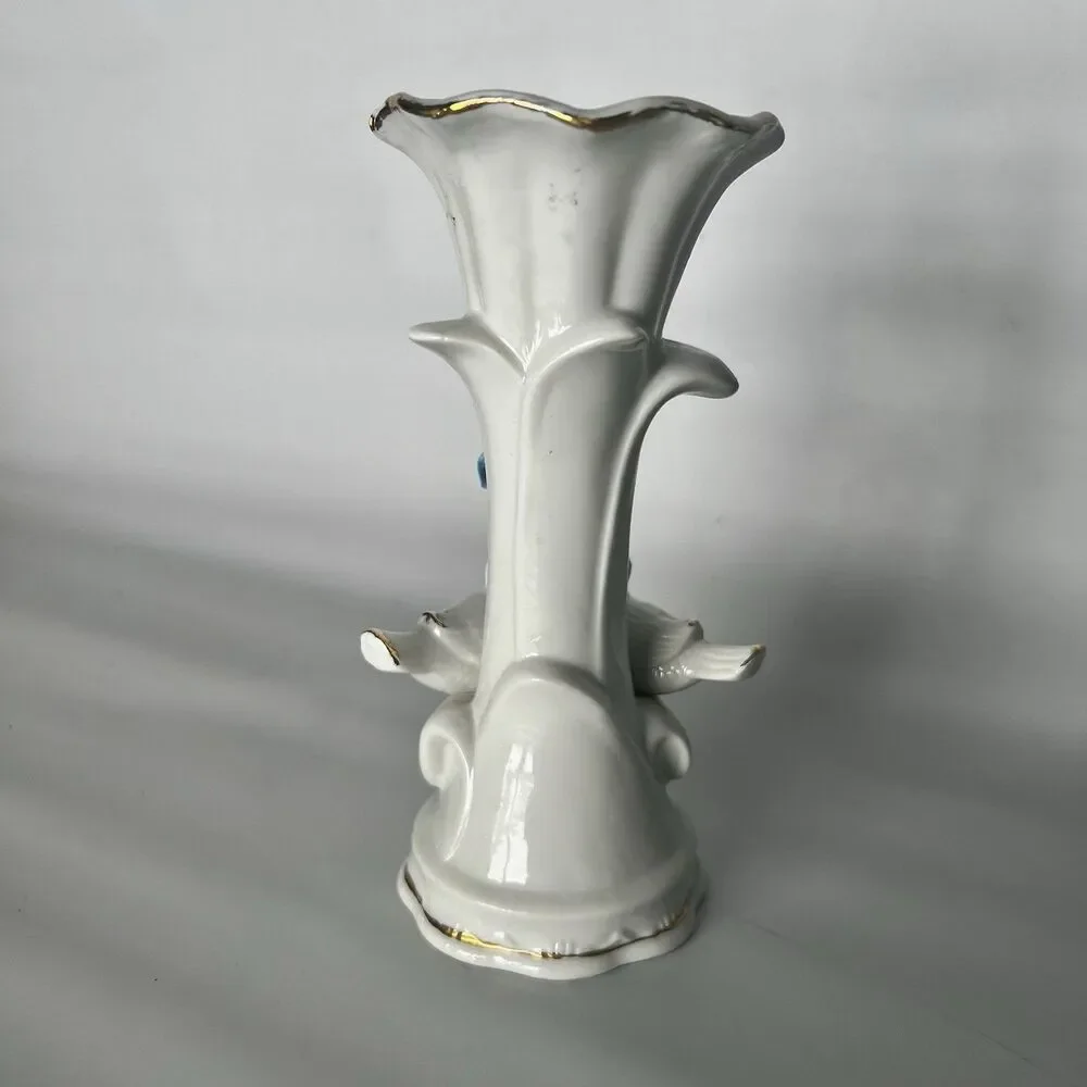 VTG Shiah Yih Porcelain Vase- Doves & Applied Blue/Pink Flowers- Gold Trim 6.5”